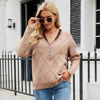 Women's Hollow Zipper Half Cardigan V-neck Lace Pullover Outerwear Sweater