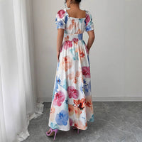 Puff-sleeve High-waist Cinched-waist Printed Maxi Slip Dress For Women