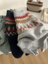 Loose Leisure All-matching Thick Warm Contrast Color Brocade Sweater
