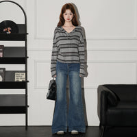Striped Button Hooded Long Sleeve Knitwear