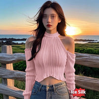 Halter Knitted Scheming Machine Off-the-shoulder Short Sweater