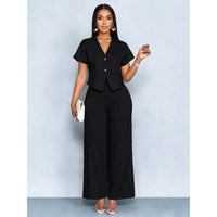 Short-sleeve V-neck Irregular Cardigan And Straight-leg Wide-leg Pants Set