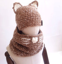Knit hat children's animal cat ears set hat hand-knitted warm neck bonnet