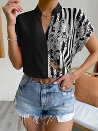 Double Contrast Color Floral Button Cardigan Short Sleeve Shirt