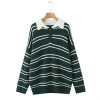 American Retro Preppy-Style Color-Block Striped Lapel Knit Sweater