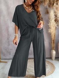 V-neck Batwing-sleeve Top And Loose Wide-leg Pants Solid-color Casual Womens Set