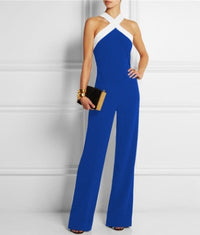 Europe and the United States women's sexy jumpsuit missing shoulder color matching waist jumpsuit trousers