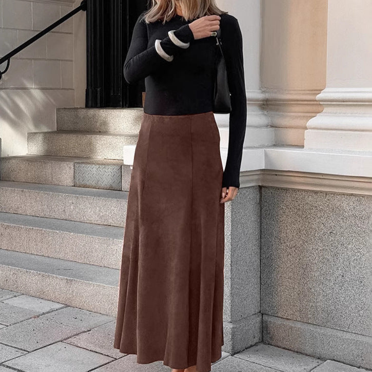 Brushed Velvet Brown Slim-fit High Waist Straight Skirt