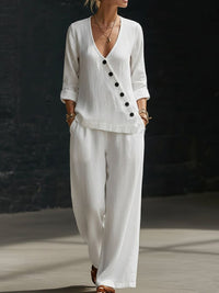 Loose-fitting V-neck Cross-over Shirt And Wide-leg Pants