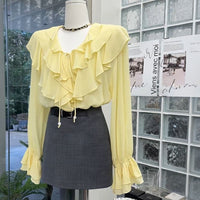 French Elegant Ruffled V-neck Long Sleeve Shirt Women