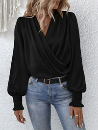 V-neck Pleated Lantern-sleeve Solid-color Blouse For Womenelegant And Professional
