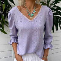 Spring Women's V Neck Hollowed Out Mid Sleeve Top For Women