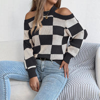 Off-the-shoulder Contrast Color Plaid Lantern Long Sleeve Sweater