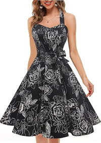 Womens Neck-Hanging Tube Top Sleeveless Printed Retro Maxi Dress