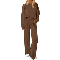 Loose-fitting Solid-color Long-sleeve Top And Pants Two-piece Set