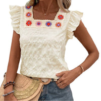 Square-neck Crochet Patchwork Womens Top