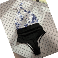 Color Matching Pleated Backless Siamese Bikini Women's High Waist Swimsuit