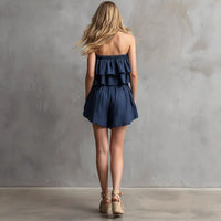 Womens Cotton-Linen Ruffle-Trimmed Strapless Shorts Set