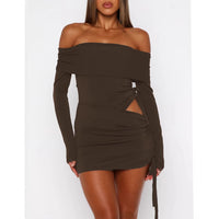 One-shoulder Long-sleeve Top And Spring Sexy Slim-fit Pleated Sheath Skirt