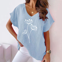 Womens Casual Cotton-Linen Short-Sleeve Batwing T-Shirt With Floral Print And V-Neck