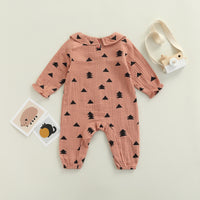 Printed Crew Neck Lace Long Sleeve Romper