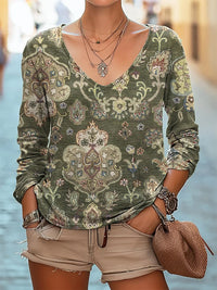 Casual V-neck Long Sleeve Regular Pullover Digital Printing Women's Top
