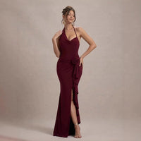 Sexy Asymmetrical Halterneck Three-Dimensional Floral Slim-Fit Split Evening Gown