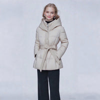 Women's Short Waist-cinching Slim-fit Hooded Tie-front Warm Coat