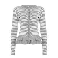 Retro Cake Hem Cardigan Striped Crew-Neck Womens Blouse