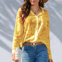 Women's Solid Color Single-breasted Lapel V-neck Jacquard Long-sleeved Shirt