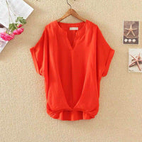 Solid Color And V-neck Batwing Sleeve Top Loose Slimming Cotton And Linen Shirt