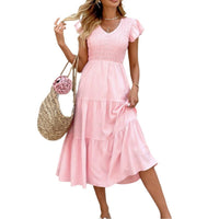 Pink Midi Dress With Ruffled Sleeves And A Tiered Hem
