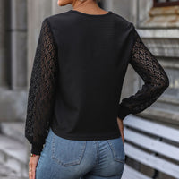 T-Shirt With Buttons And V-Neck Lace-Patchwork Long-Sleeve Knitted Top