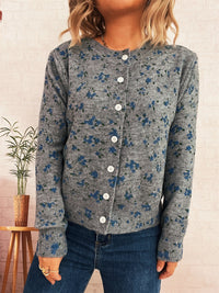 Simple Flower Print Cardigan Commuter Round Neck Knitted Sweater