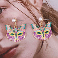 Cartoon Nine-Tailed Cat Face Alloy Earrings Inlaid With Colorful Diamonds