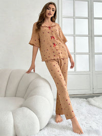 Women's Crew-Neck Cherry-Print Short-Sleeve Top And Pants Set