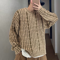 Mens AutumnWinter Retro All-Match Loose Khaki Green Cabled Double-Face Crew-Neck Distressed Thick Sweater