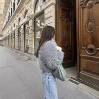 Wool Light Gray Round Neck French Artificial Fur Short Coat