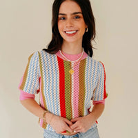 Multicolor Striped Hollow-out Knit Short Sleeve Sweater