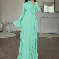 Elegant Casual High-Waisted Solid-Color Flare-Sleeve Dress