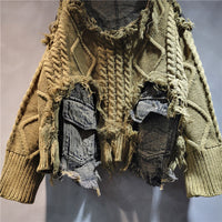 Personality Trendy Twist Weave Stitching Denim Round Neck Sweater