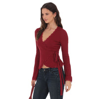 New Deep V-neck Cross-front Tie Lace Trim Top