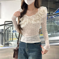 Slim-fit Polka-dot Lace All-match Long-sleeve Shirt