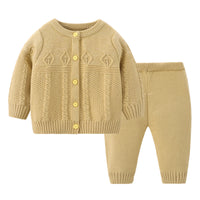 Girls' Solid Color Round Neck Cardigan Pants Suit