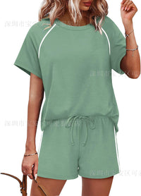 Womens Round-Neck Short-Sleeve Casual Shorts Two-Piece Set