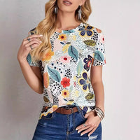 Womens Floral Digital-Print Crew-Neck Short-Sleeve TopT-Shirt