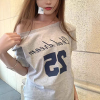 Off-Shoulder Letter Print Streetwear Gray Short-Sleeve T-Shirt