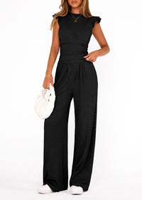 Womens Solid-Colored Summer Two-Piece Set Ruffled Hem Wide-Leg Pants Casual Fashion Outfit