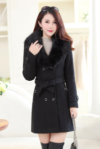Large fur collar woolen coat