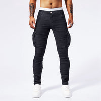 Multi-Pocket Workwear Jeans Men's Fashion Brand Stretch Slim Fit